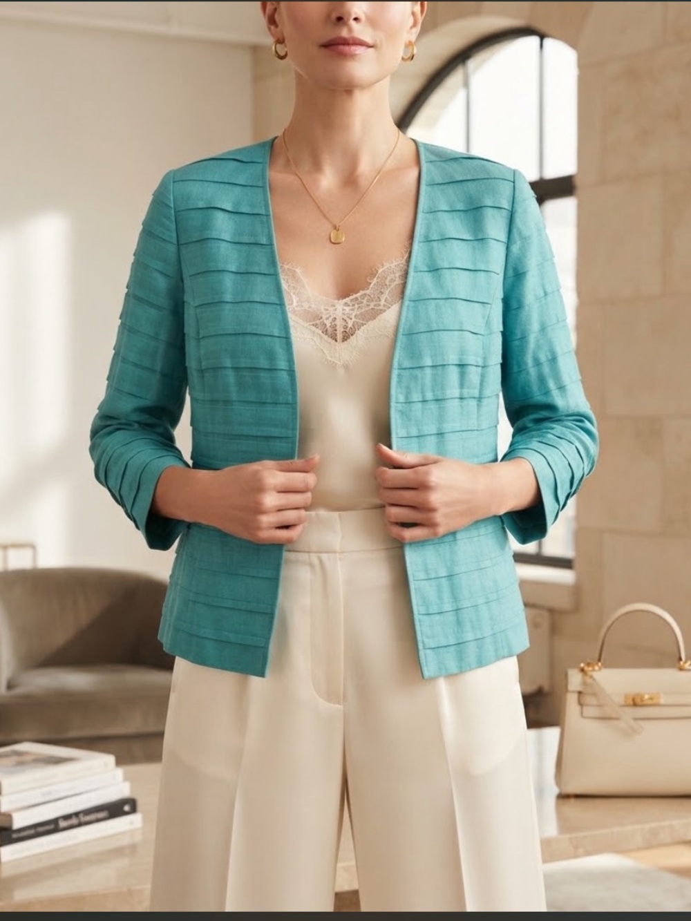 Lafayette 148 New York Teal Turquoise Linen Pintuck Blazer Jacket Size 12